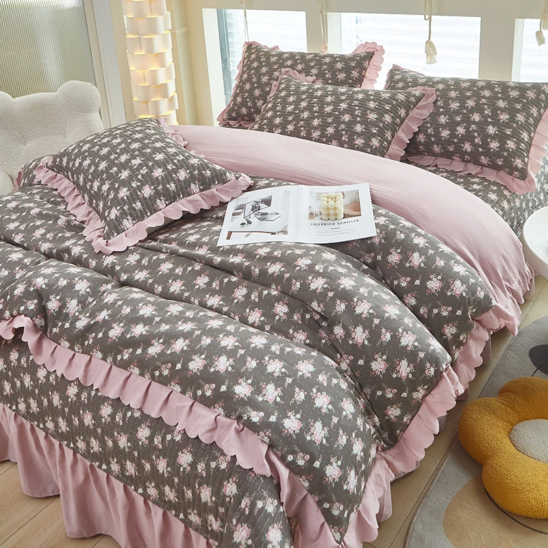 【床盖款被套夏凉被四件套 】韩版荷叶边双层纱被罩网红亲肤舒适