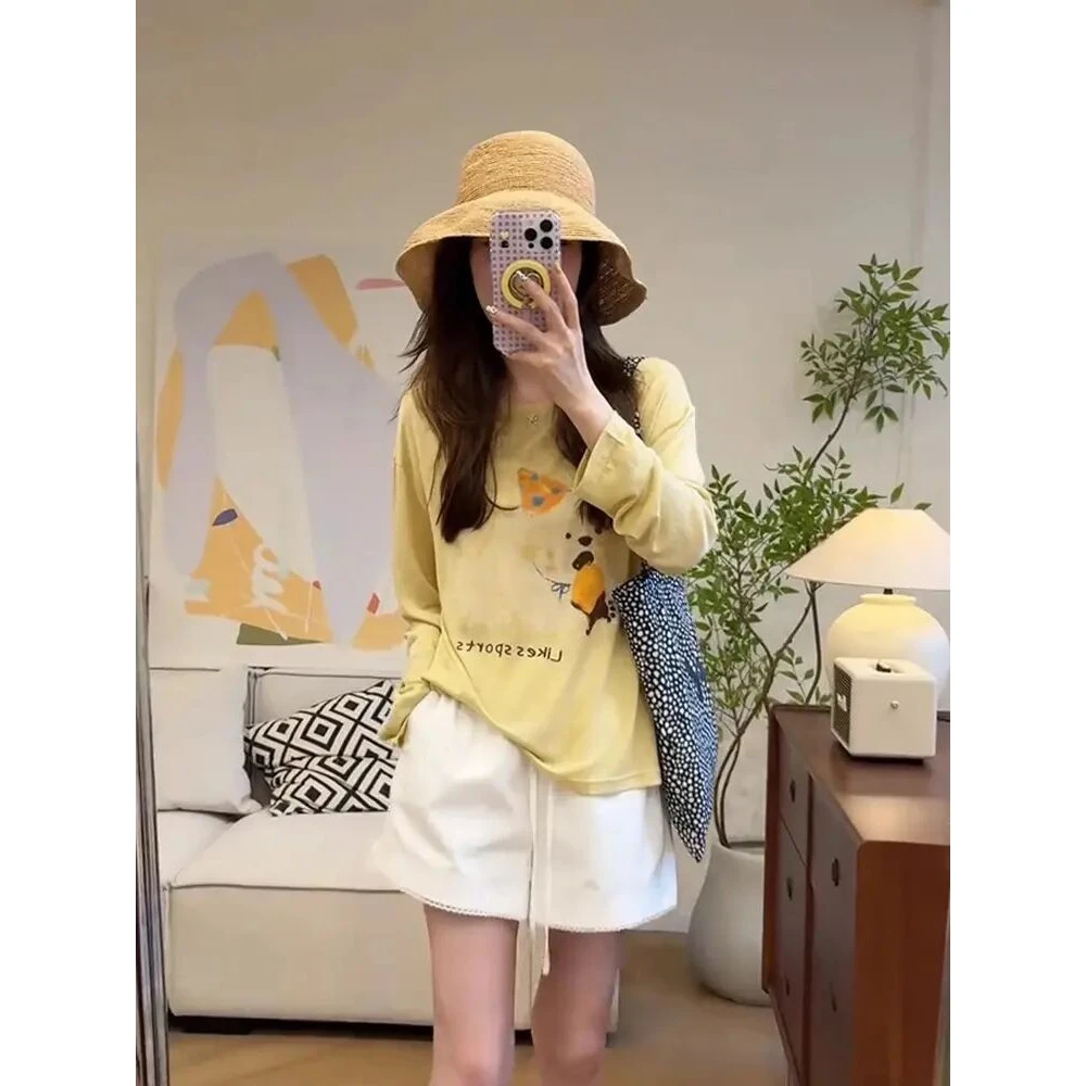 韩系黄色印花防晒长袖T恤女夏季宽松显瘦外搭空调罩衫时尚上衣薄