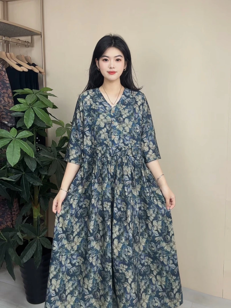 【ZYR】原创复古印花高级连衣裙女高端品质轻薄宽松大码长裙6653