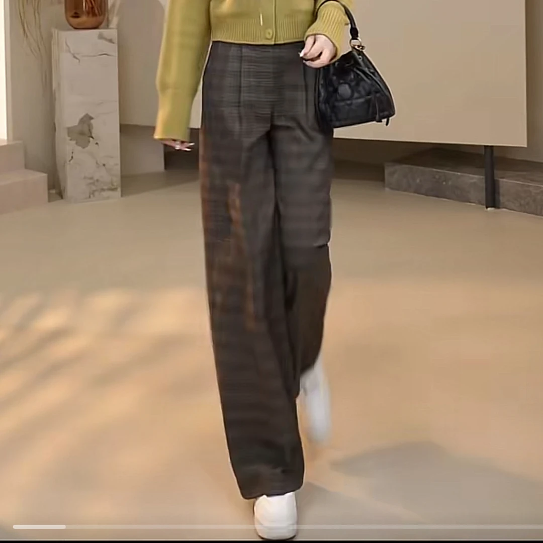 AMASS/阿玛施新款高腰两扣复古咖色格纹宽腿裤5100491直筒格子裤