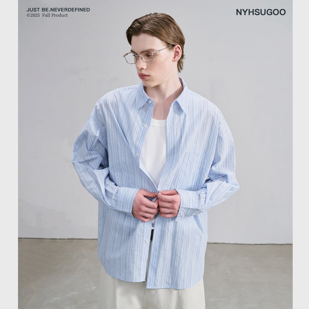 NYHSUGOO/南乙秋季可叠穿多色飞纱混纺条纹长袖衬衫3852男士外套