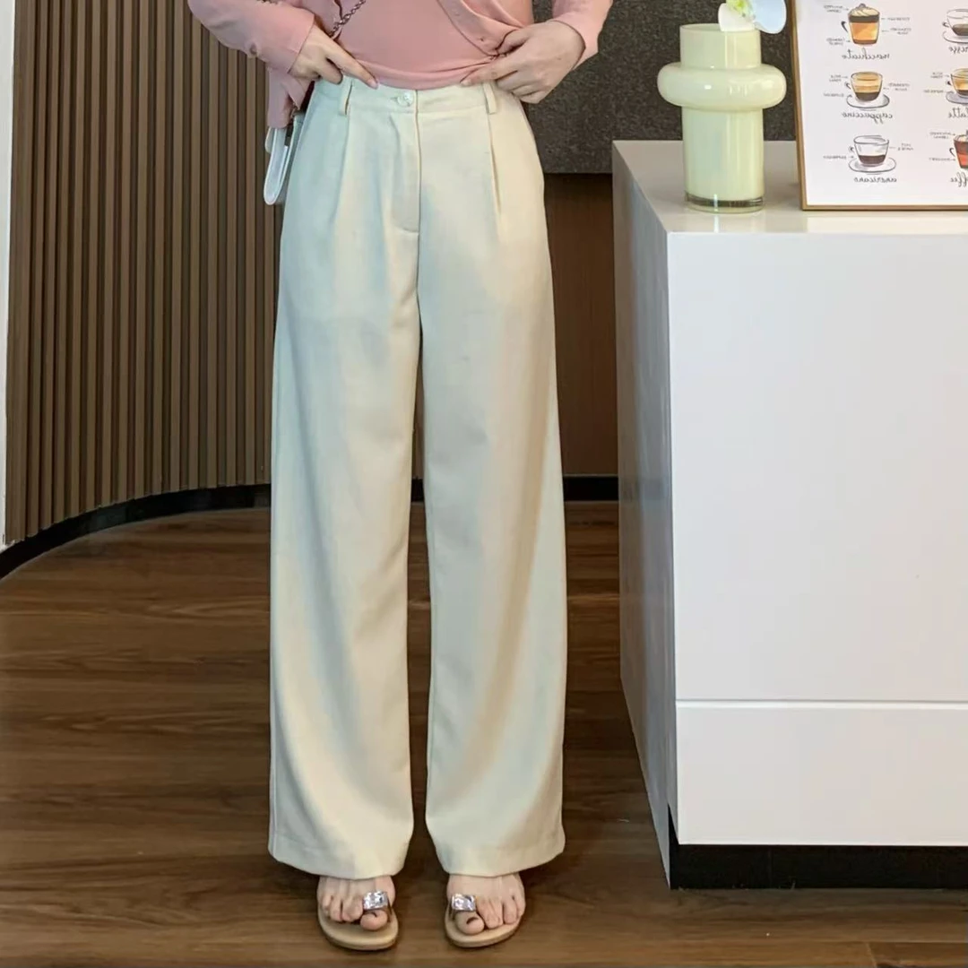 小羽酱小个子定制春季韩版休闲百搭高腰垂感亚麻直筒裤宽松西装裤