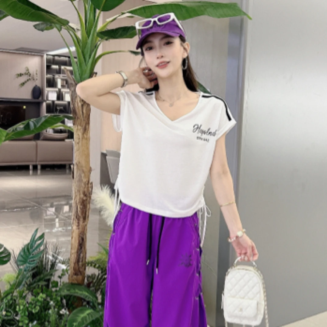 【好星程LIKE】夏季新款女时尚抽绳V领短袖XT9582#