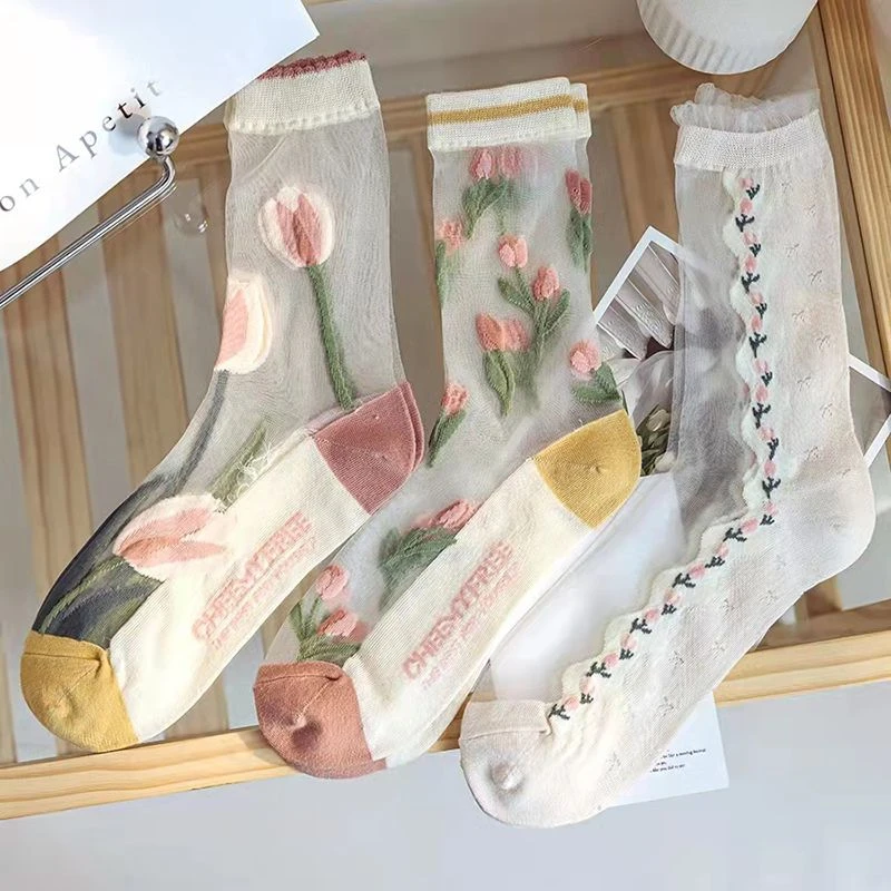 袜子女玻璃丝中筒袜郁金香堆堆袜夏季薄款透气水晶丝中筒厂家批发