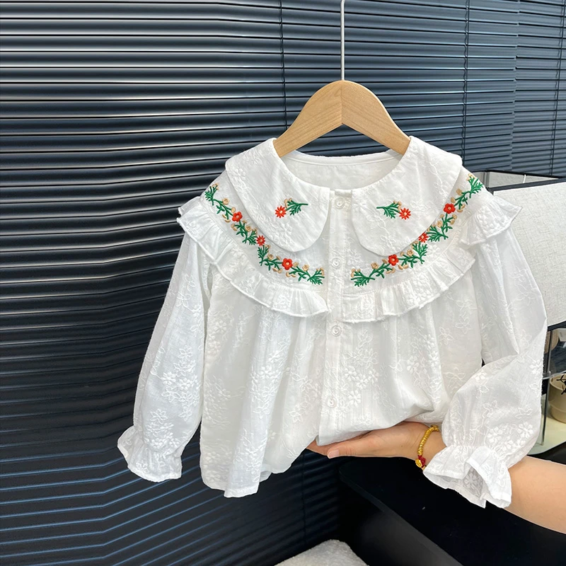 女童衬衫儿童秋装新款刺绣花朵打底衫甜美儿童上衣欧若风童装
