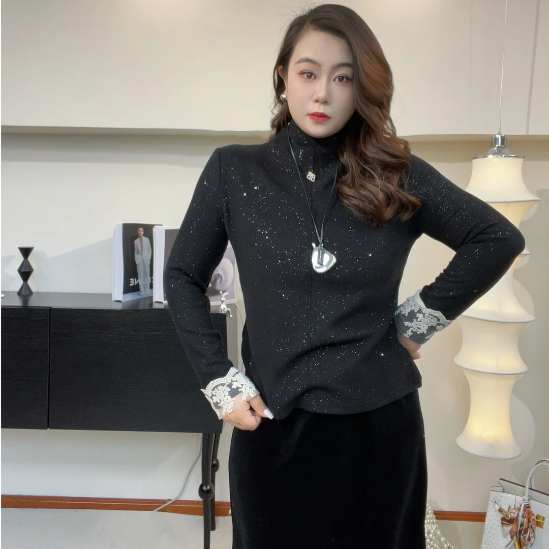 星空蕾丝袖加胸针亮钻半高领打底衫显瘦百搭长袖时尚