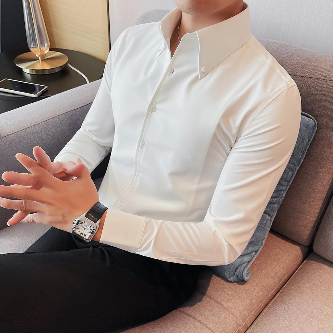 法式大尖领男士长袖衬衫春夏百搭修身商务休闲正装高级感短袖衬衫