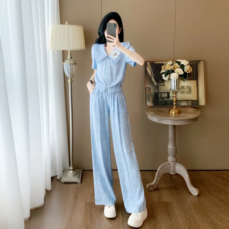 蓝色夏季穿搭一整套显瘦时尚减龄洋气休闲短袖阔腿裤两件套装女