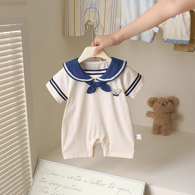 夏季新款婴儿宝宝爬服婴幼儿连身衣学院风夏天薄款包屁衣儿童外出