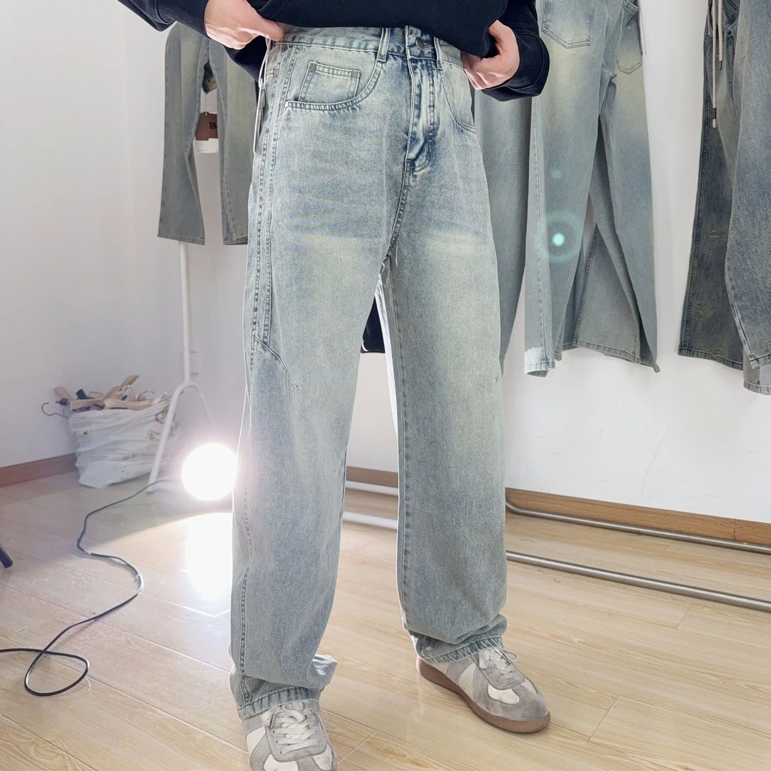 M88069美式复古牛仔裤男宽松直筒阔腿高街潮流休闲垂感长裤夏季