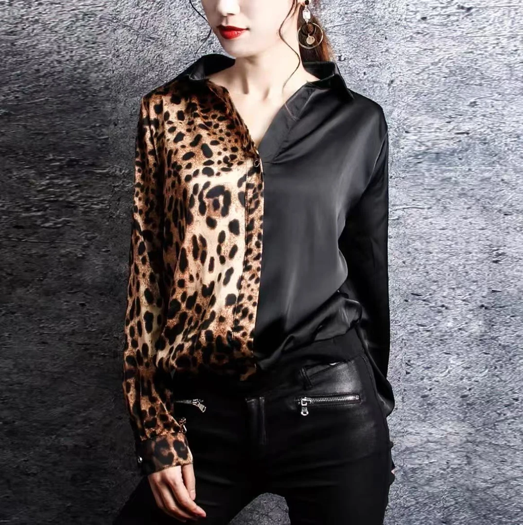 【晨浠定制】新款时尚百搭豹纹条纹拼接衬衫1304