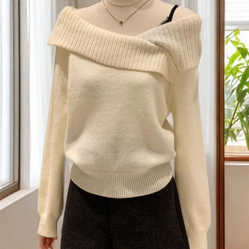 纯欲风蕾丝拼接斜肩长袖针织衫毛衣秋季设计气质假两件百搭上衣