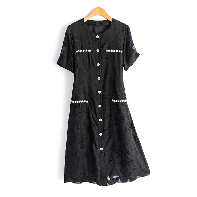 墨枝 单排扣剪花绡桑蚕丝连衣裙D900A378