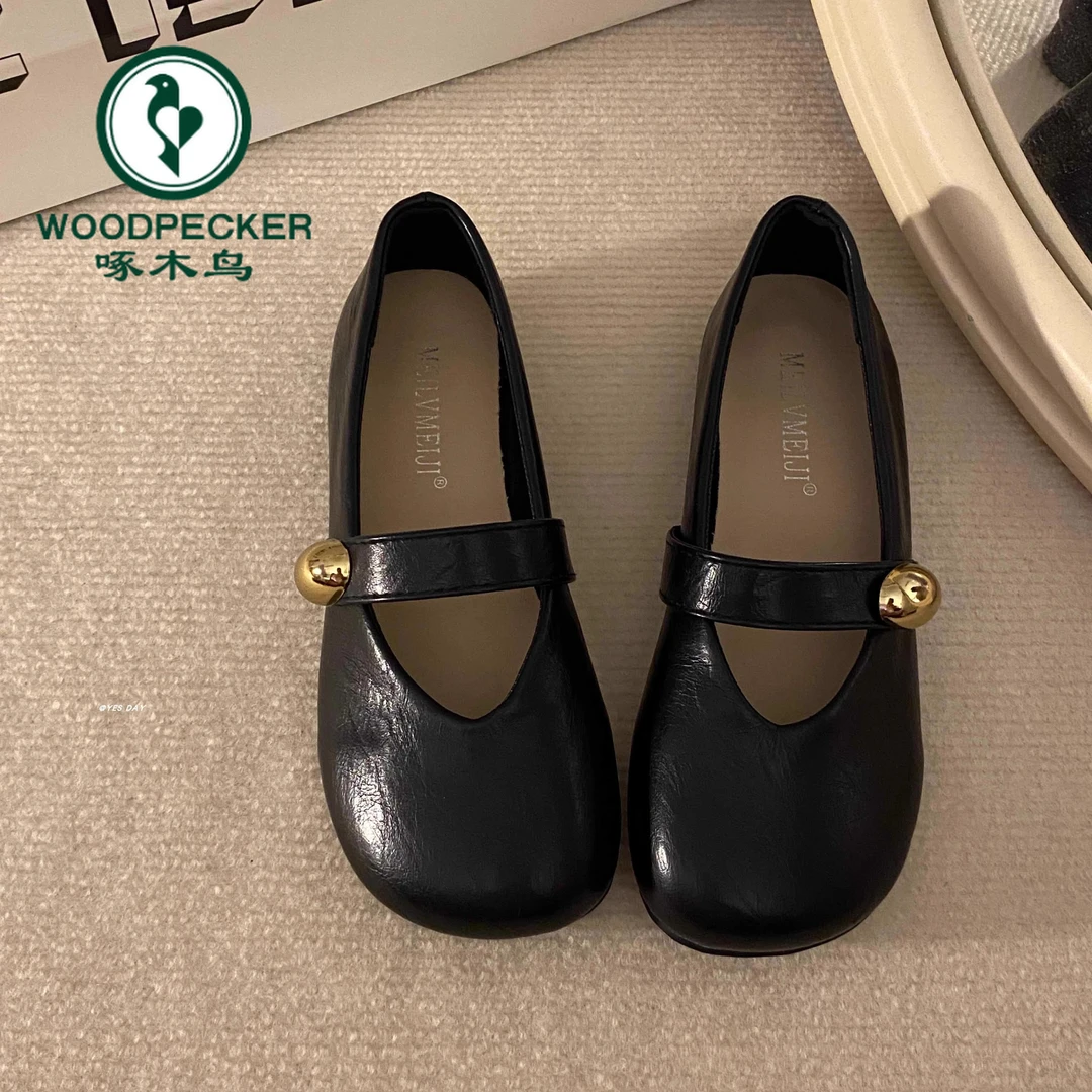 啄木鸟法式复古浅口一脚蹬单鞋2025夏季新款百搭平底玛丽珍鞋女