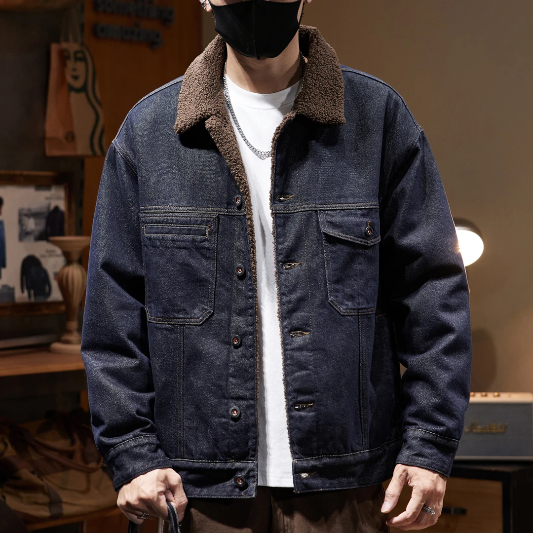 复古羊羔绒牛仔外套男冬季2025新款美式百搭工装夹克加厚加棉衣服