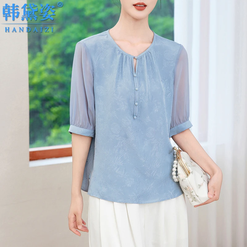 高端时尚双绉真丝上衣女2025夏装新款气质纯色桑蚕丝显瘦中袖衬衫