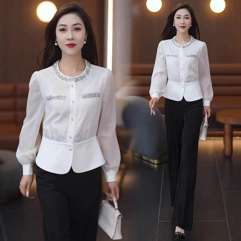 【有间】时尚套装女2025春季新款洋气显瘦长袖收腰衬衫阔腿裤两件套