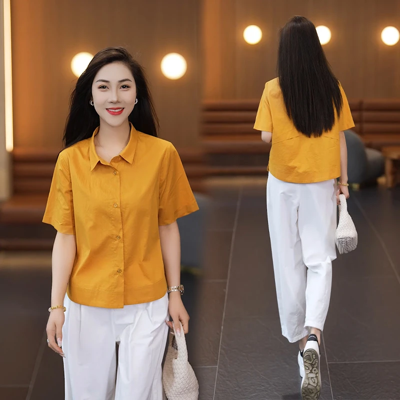 时尚休闲短袖衬衫女2025夏季新款简约宽松显瘦衬衣遮肚子洋气上衣