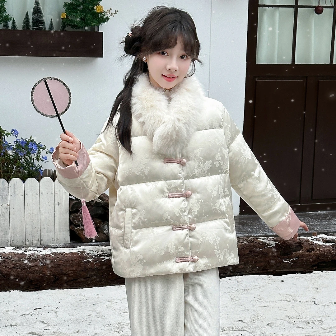 女童冬装2025新款新中式风毛领短款羽绒服冬季盘扣高级感气质外套