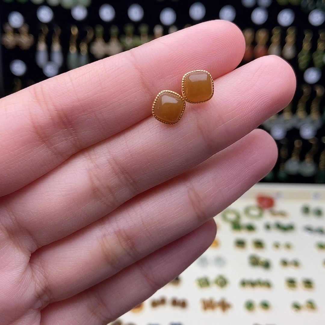 和田玉银S925镀金镶嵌耳饰