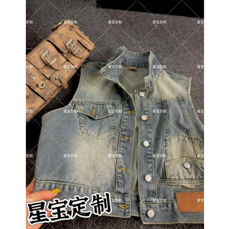 新款复古休闲复古做旧百搭牛仔马甲港风显瘦0026