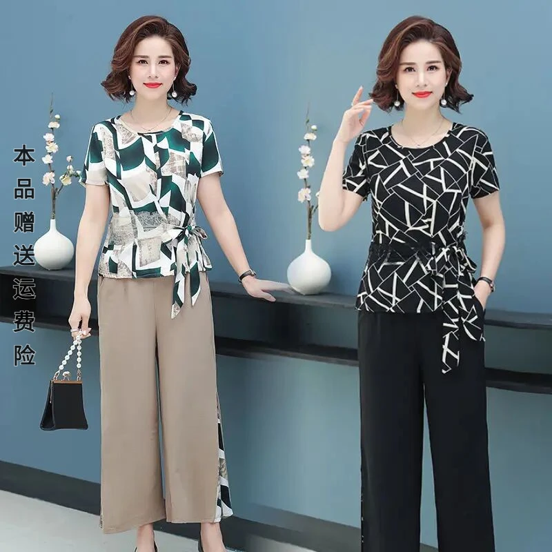 中年妈妈夏装套装新款洋气高贵雪纺短袖50岁时尚中老年女两件套