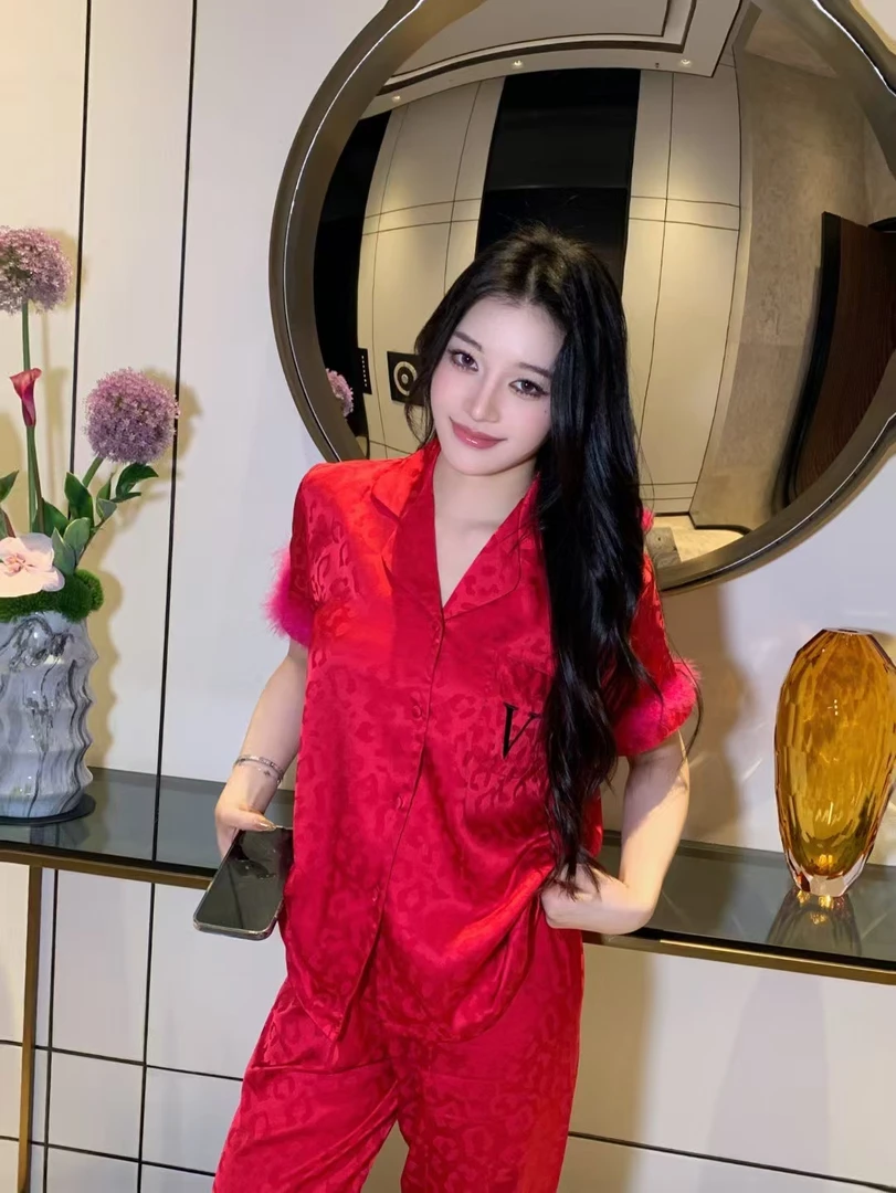 夏季冰丝短袖毛毛睡衣套装可外穿时尚印花高级感甜美公主风睡衣