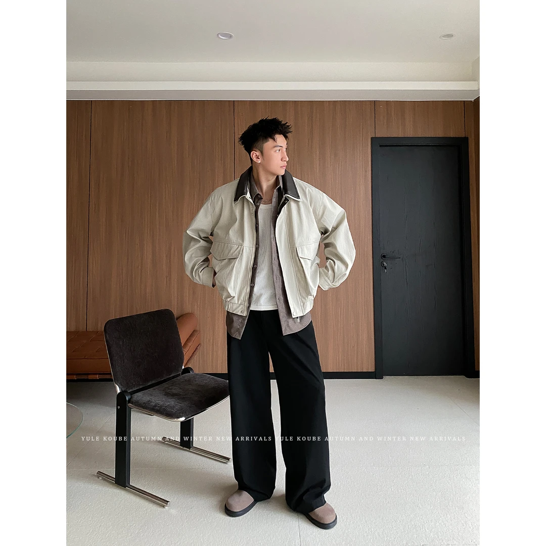 余乐「复古 新贵风」秋季翻领假两件拼接夹克男宽松痞帅高级感外套