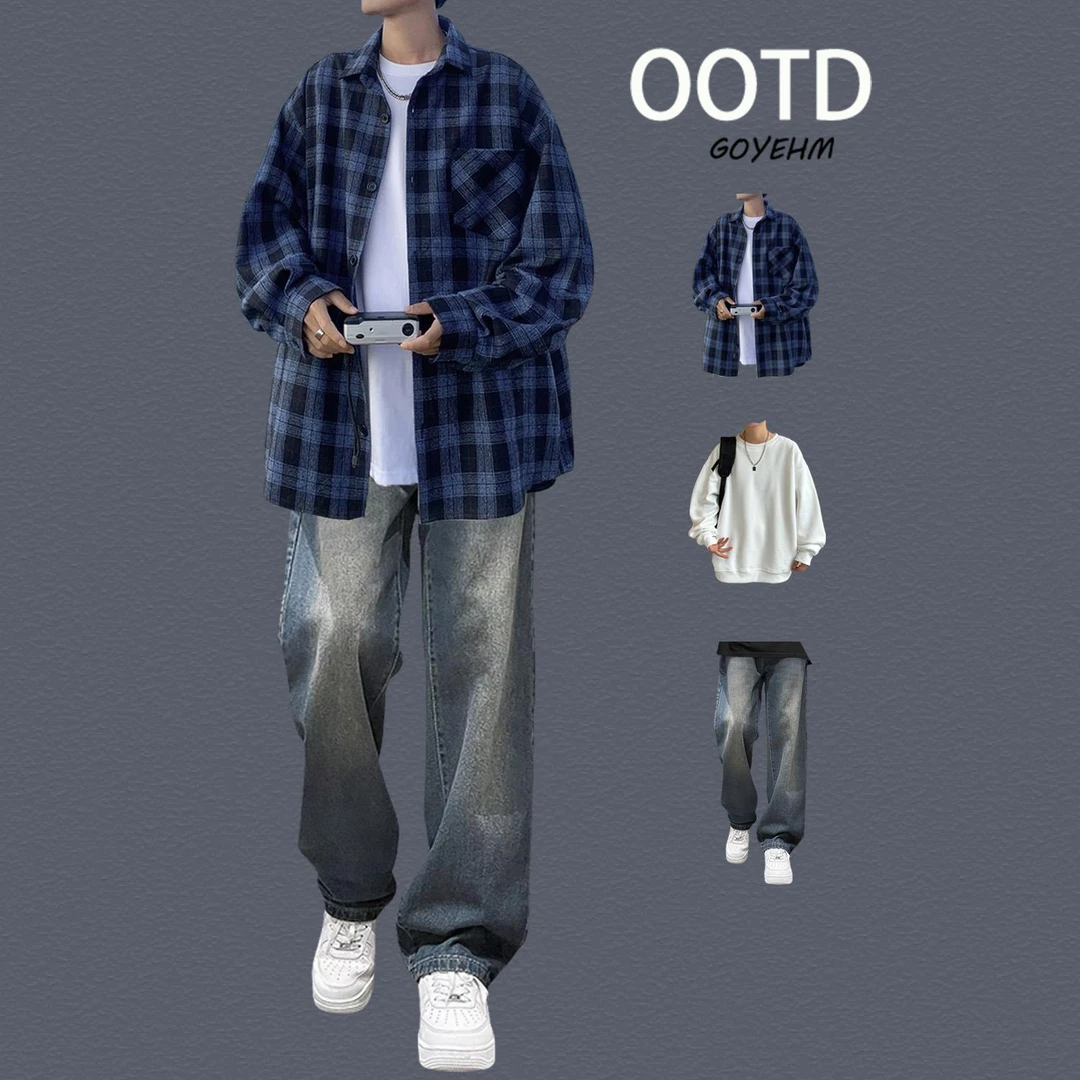 春秋复古长袖格子衬衫潮男套装初高中生早秋宽松穿搭显高帅气一套
