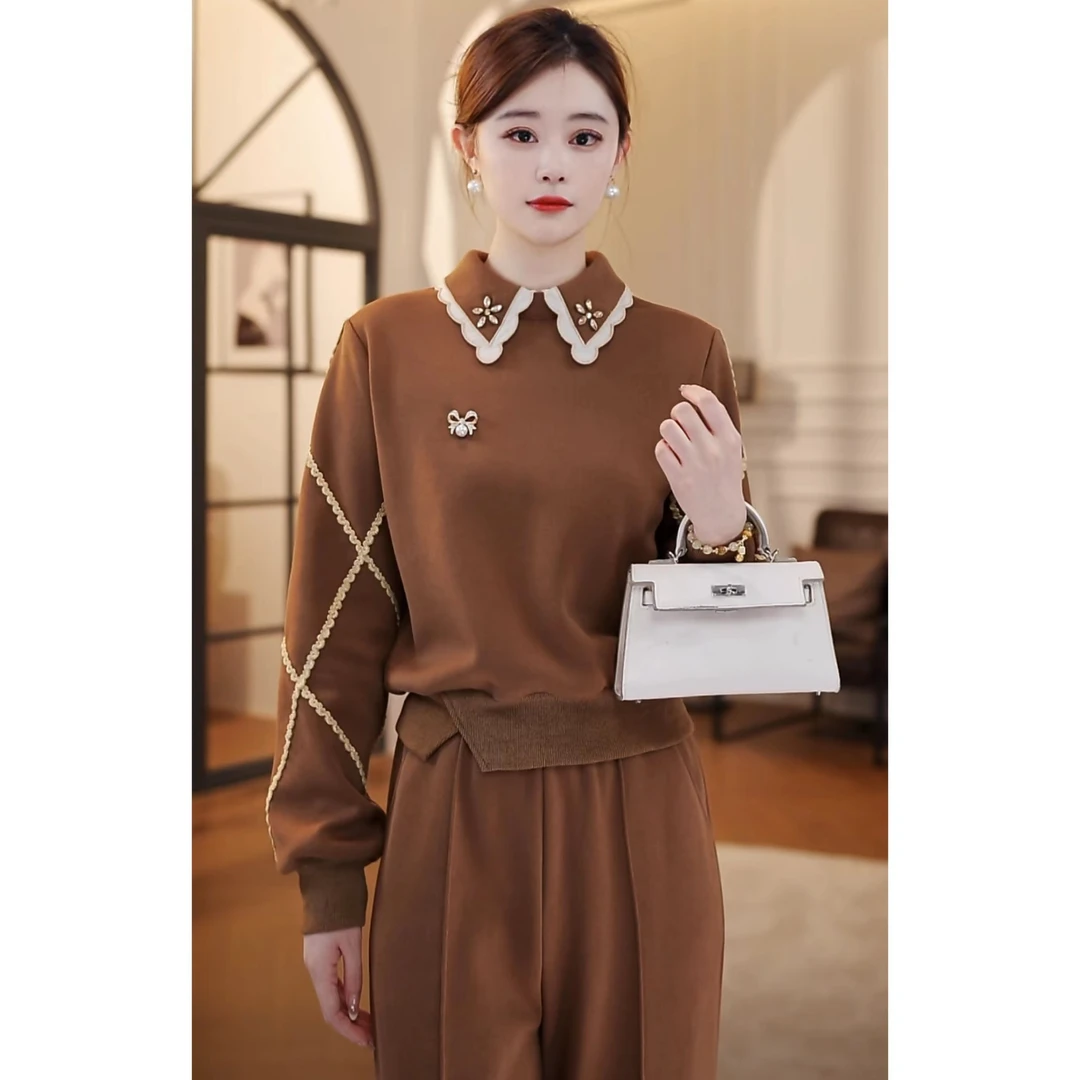 【嘉嘉JIANG】纯色徽章 时尚休闲加绒翻领保暖卫衣套装 XJ244Z1186