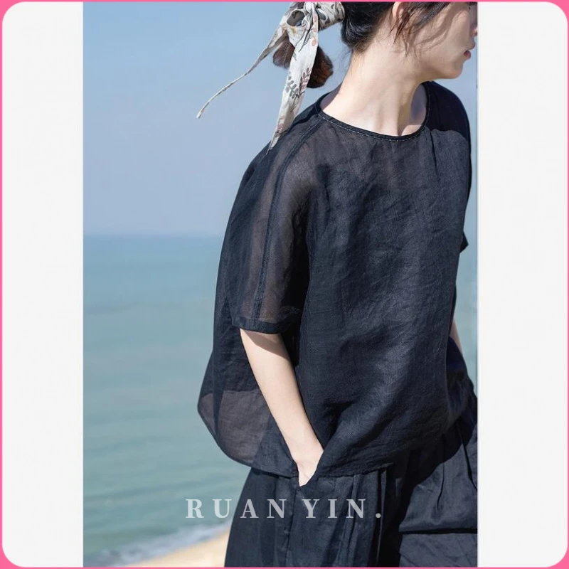 RUAN YIN文艺棉麻套装苎麻轻薄圆领外搭衬衫八分裙裤阔腿裤两件套