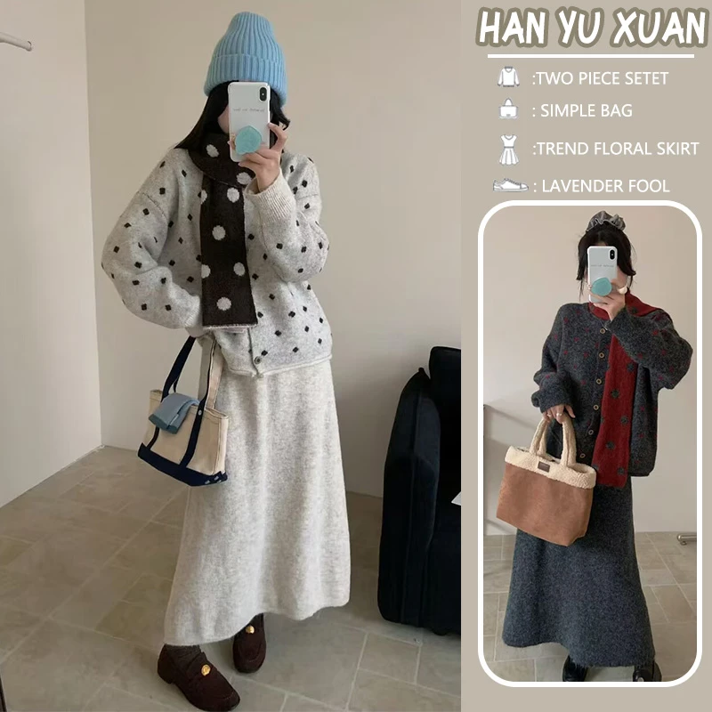 2025女装秋冬款时尚设计复古百搭波点带围巾开扣开衫半身裙三件套