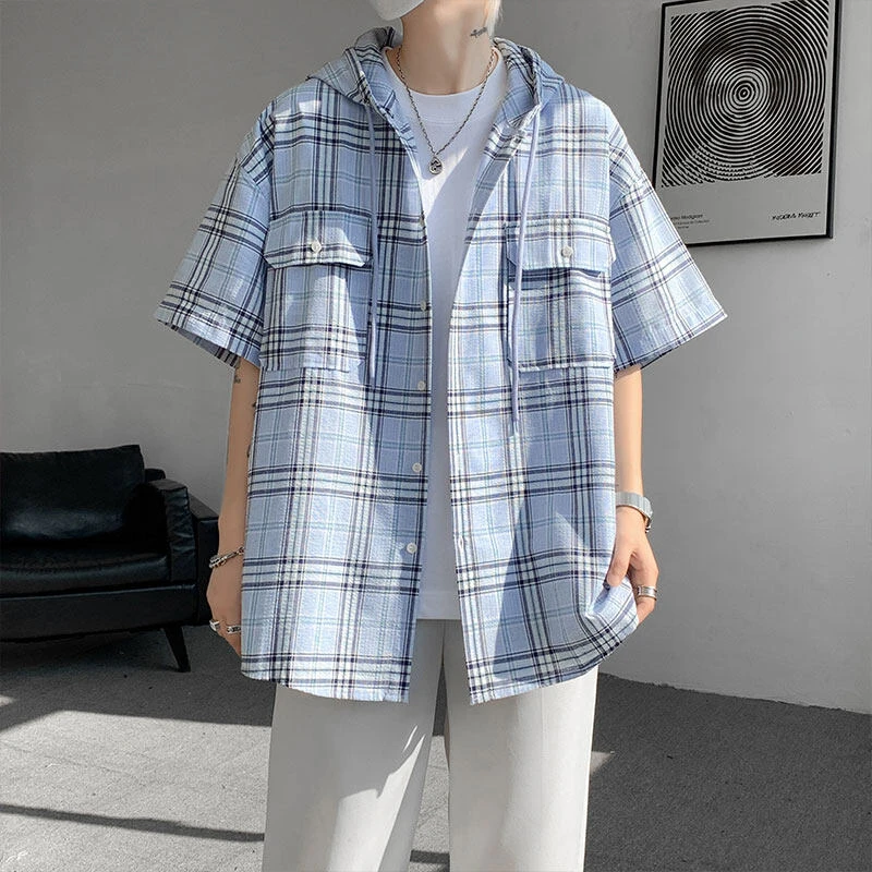 【男女同款+轻薄透气+连帽衬衫】夏季新款氛围感短袖格纹衬衫外套