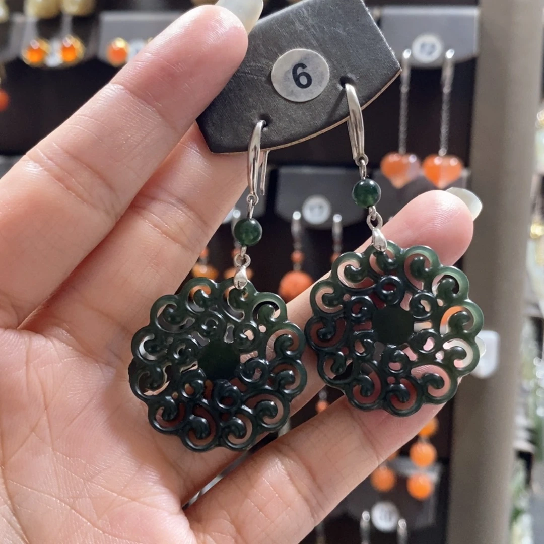 星****和田玉银S925镶嵌耳饰