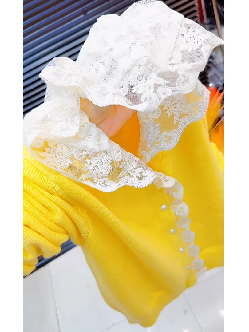 法式温柔风洋气拼接连帽针织开衫甜美软糯毛衣外套高级感黄色上衣