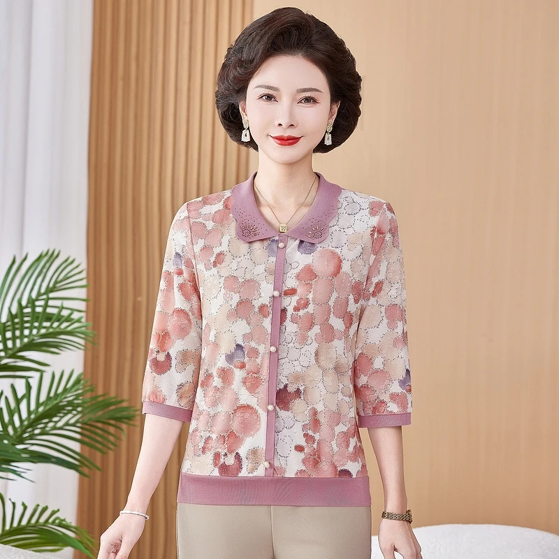 新款夏季妈妈薄款T恤遮肉显瘦中老年女装时尚七分袖衣服