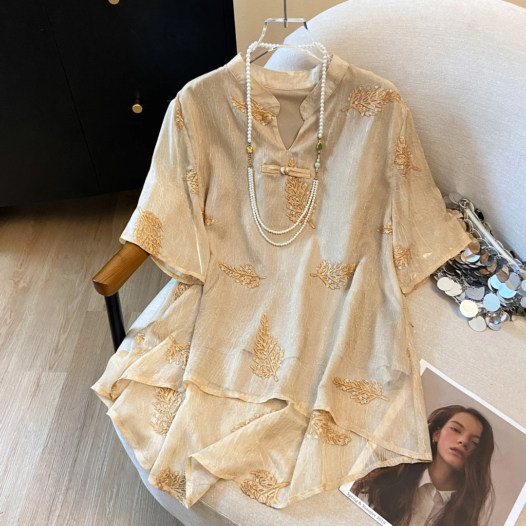 2025新款夏季高端新中式雪纺绣花复古国风重工气质大码衬衫上衣女