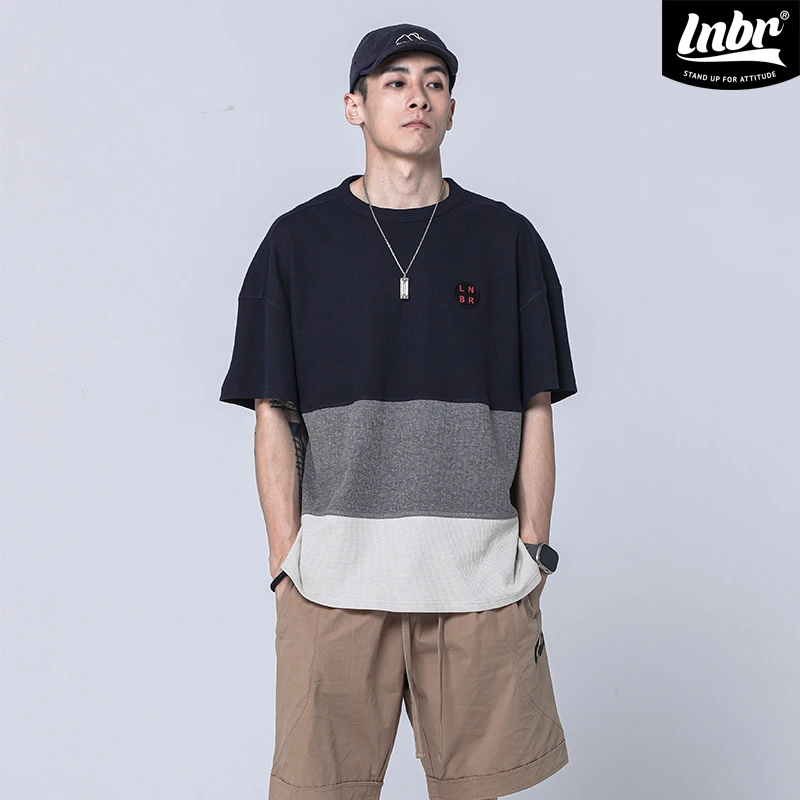 LNBR熊电夏季拼色华夫格针织T恤男美式潮流百搭oversize短袖大码