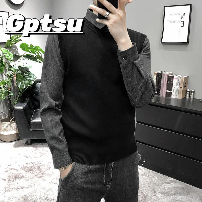 GPTSu春秋季新款打底毛衣男士长袖衬衫领假两件男潮流薄款针织衫