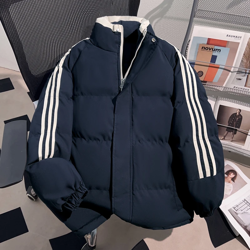 Dekkry潮流时尚藏青色加厚立领棉袄棉服男女款保暖防风三条杠外套