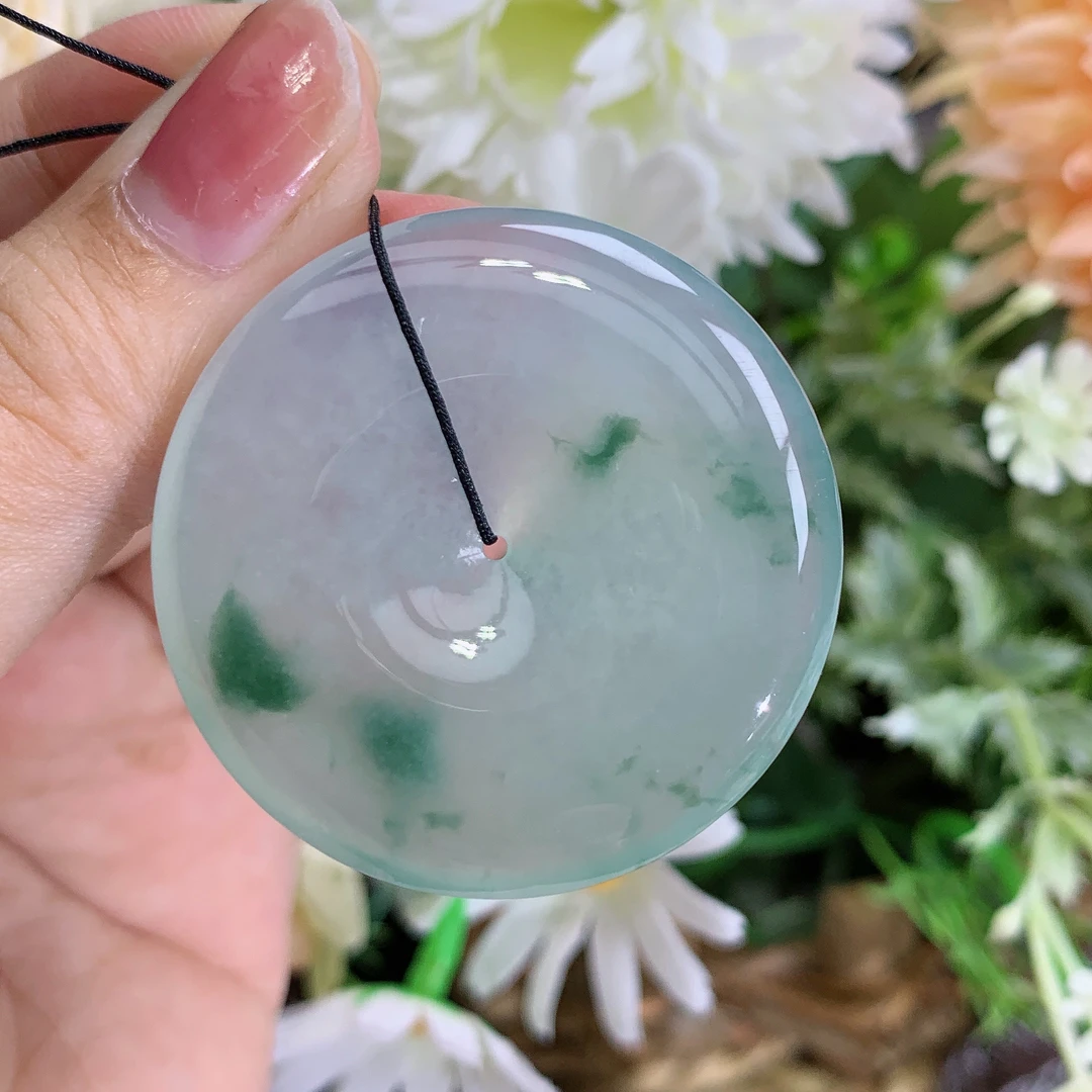 缅甸天然翡翠A货高冰起光飘花大平安扣吊坠大尺寸38.2/6mm