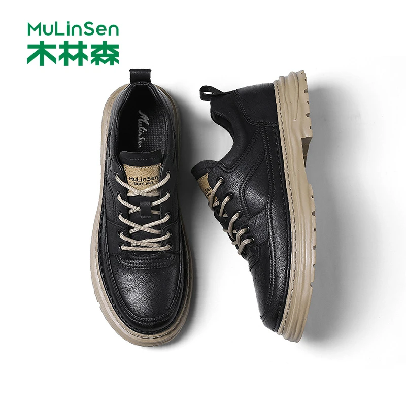 木林森休闲皮鞋2025秋季新款黑色商务英伦低帮马丁靴工装厚底男鞋