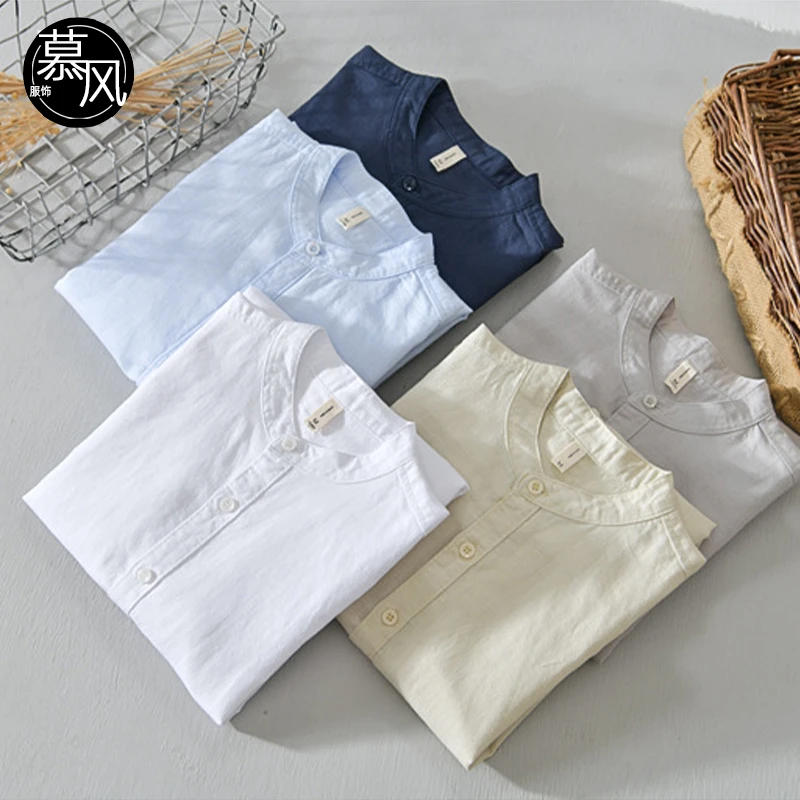 立领棉麻衬衫男士亚麻长袖宽松休闲衬衣白色打底短袖薄款开衫纽扣