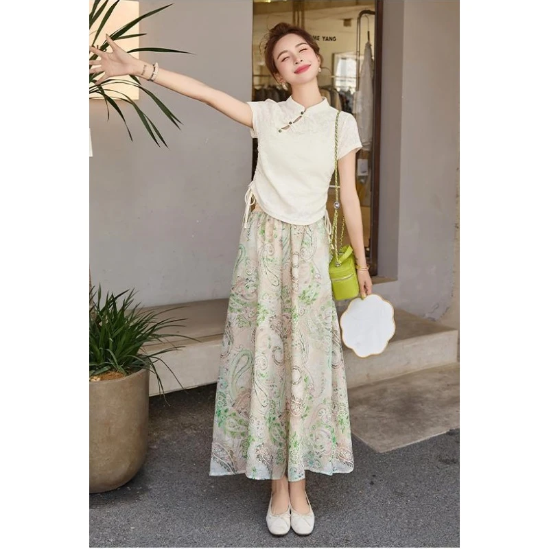 新中式国风复古盘扣套装女2025夏季新款时尚气质印花阔腿裤两件套