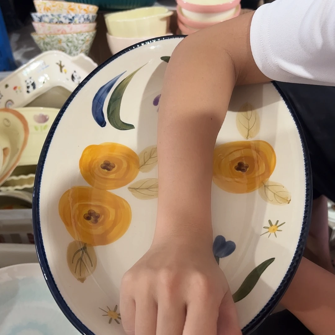 瓷片手绘鱼盘黄花一个微瑕