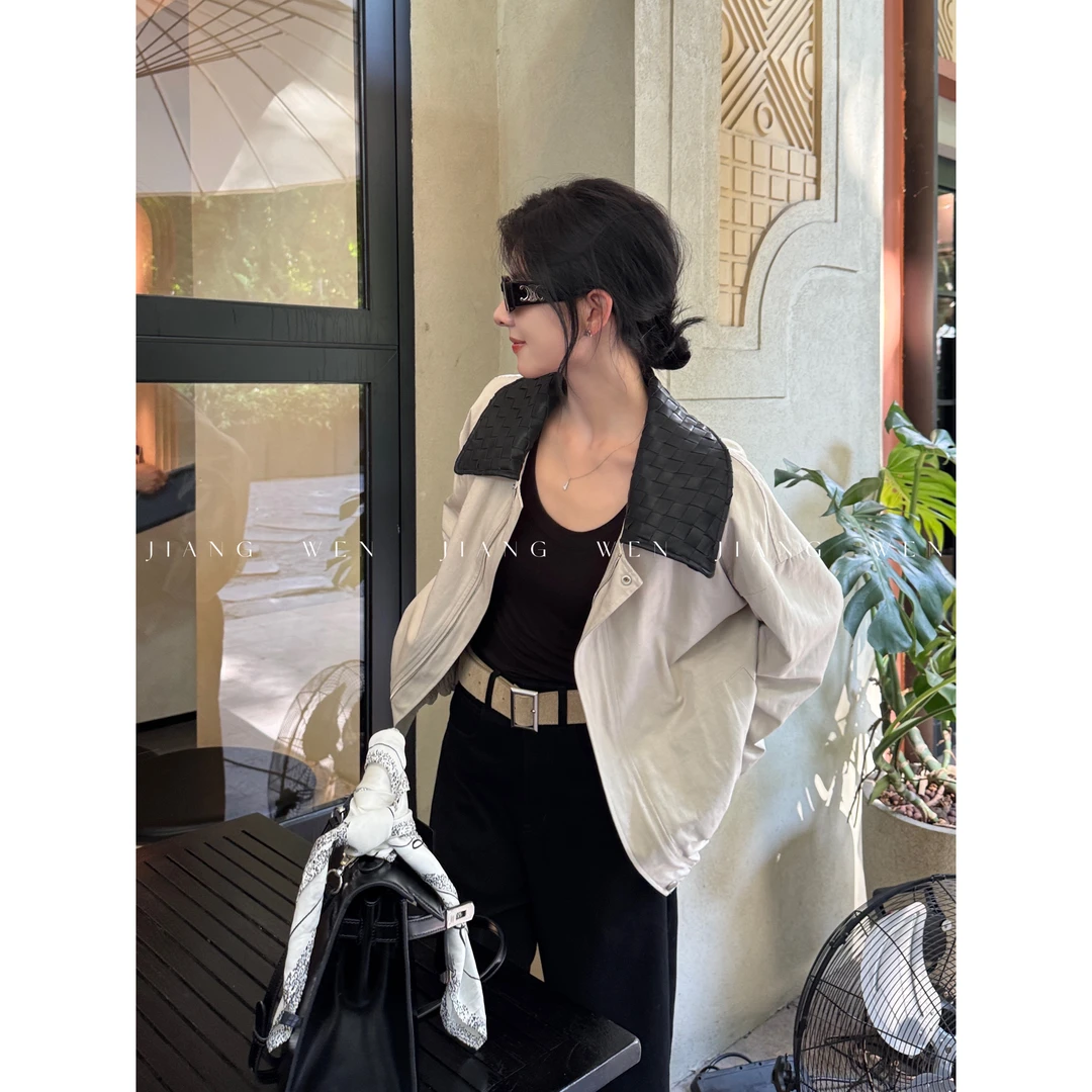 【私服系列】B*V编织领复古秋季翻领百搭休闲宽松拼接夹克外套