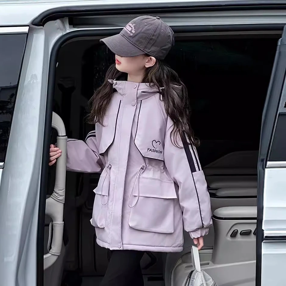 女童夹棉外套秋冬装2025新款女大童洋气时髦冲锋衣儿童加厚派克服