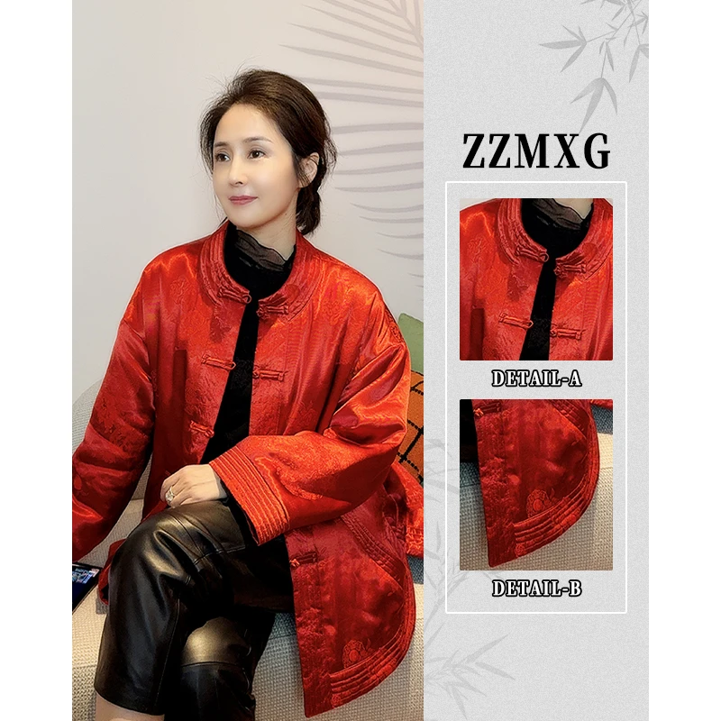 【珍珍国风设计】盘扣棉服冬季棉袄提花加绒女厚款圆领外套80016