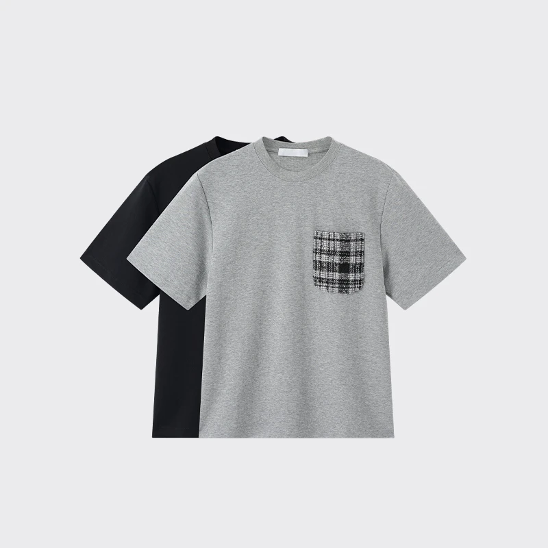 LGM【撞色编织  复古老钱】春夏美式休闲宽松时尚百搭单口袋上衣短T