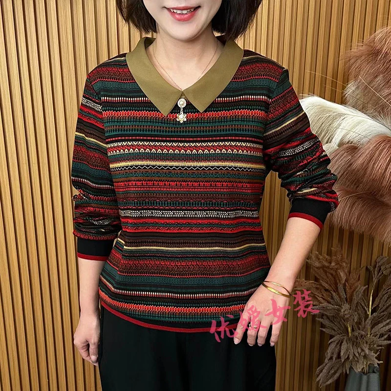 2025春款时尚娃娃领条纹减龄宽松遮肚洋气妈妈装长袖上衣 A8825